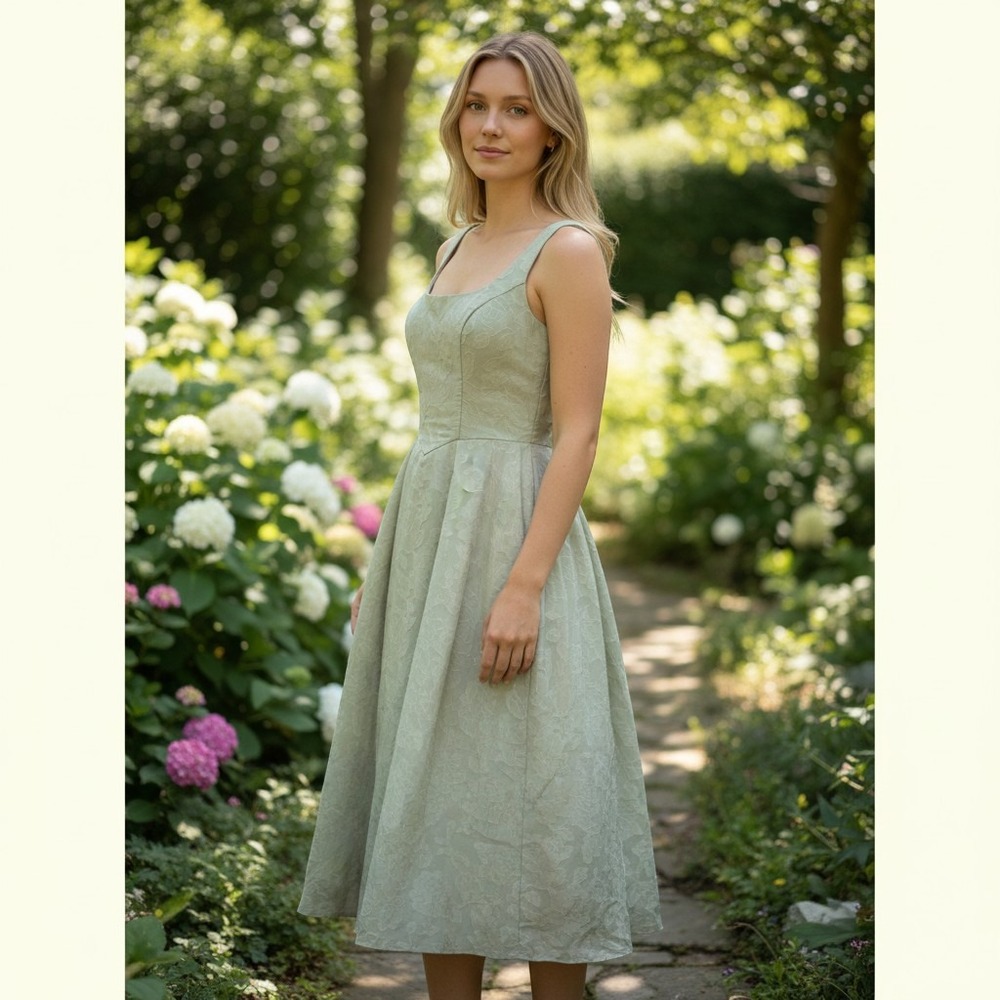 Azazie Rose Jacquard A-Line Dress Sage Green Bridesmaid Prom Balletcore Garden